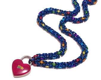 Rainbow Brite Inspired Day Collar Chainmaille Choker Heart Lock Padlock Necklace