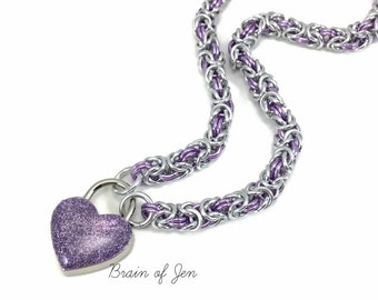 Slave Collar Silver & Lavender Chainmail Submissive Collar Purple Heart Lock