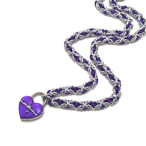 BDSM Slave Collar Silver & Violet Purple with Heart and Barbed Wire Lock Submissive Collar image 1