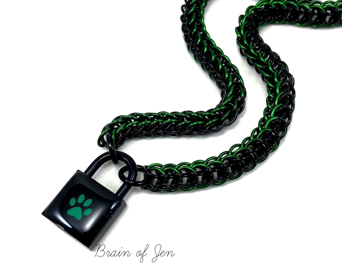 BDSM Submissive Day Collar Black & Green Paw Print Puppy Kitten Padlock Necklace