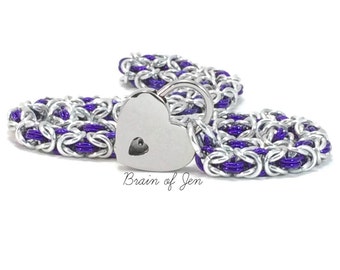 BDSM Slave Collar Silver & Purple Submissive Day Collar with Heart Lock