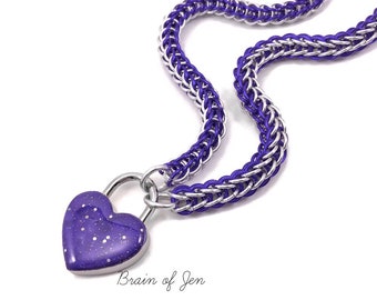 BDSM Collar Purple and Silver with Sparkly Violet Heart Chainmail Padlock Necklace