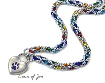 Rainbow Gay Pride Submissive BDSM Day Collar with Holographic Paw Print Heart Lock