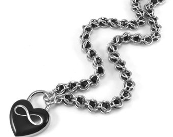 Infinity Collar Polyamory Submissive Collar Black & Silver Eternity Symbol Black Heart Lock