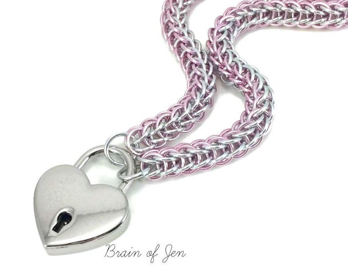 Slave Collar with Heart Lock Rose Pink and Silver Padlock Necklace