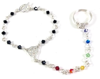 LGBTQIA Pride Flag Hand Chain Rainbow Swarovski Crystal Bracelet with Ring Attached
