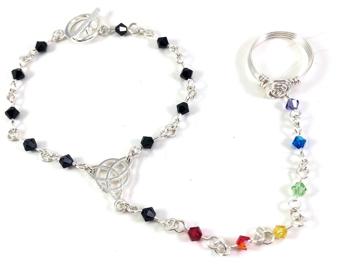 LGBTQIA Pride Flag Hand Chain Rainbow Swarovski Crystal Bracelet with Ring Attached