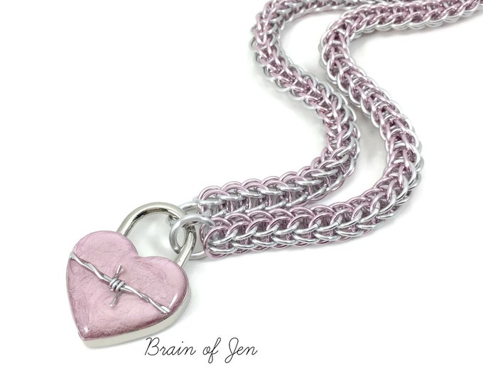 Pink BDSM Slave Collar with Heart and Barbed Wire Lock Submissive Day Collar