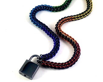 Unisex BDSM Slave Collar Black and Rainbow Pride Chainmail Choker Padlock Necklace