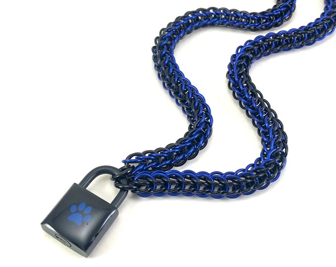 BDSM Slave Collar Black & Blue Paw Print Padlock Necklace Pup Kitten Submissive