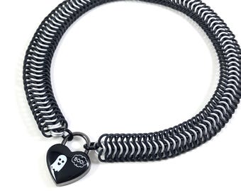 Spooky Ghost Black and White Chainmaille Day Collar Halloween Heart Padlock Necklace