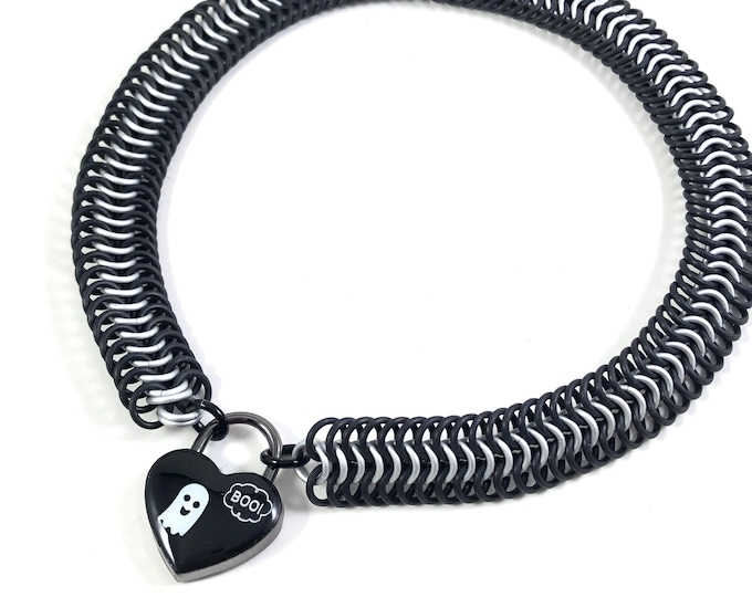 Spooky Ghost Black and White Chainmaille Day Collar Halloween Heart Padlock Necklace