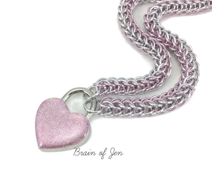 Slave Collar Pink and Silver Chainmaille Submissive Collar with Pink Heart Padlock