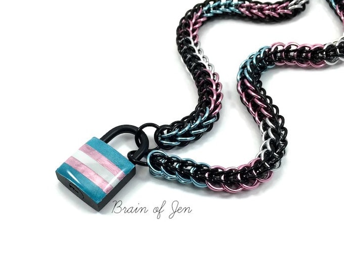 Black Trans Pride Submissive Day Collar with Trans Flag Lock