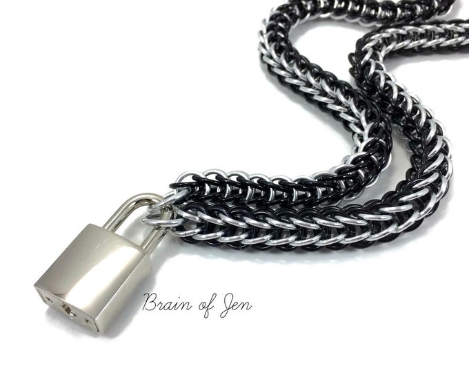 Unisex BDSM Slave Collar Black and Silver Chainmail Submissive Collar Padlock Necklace