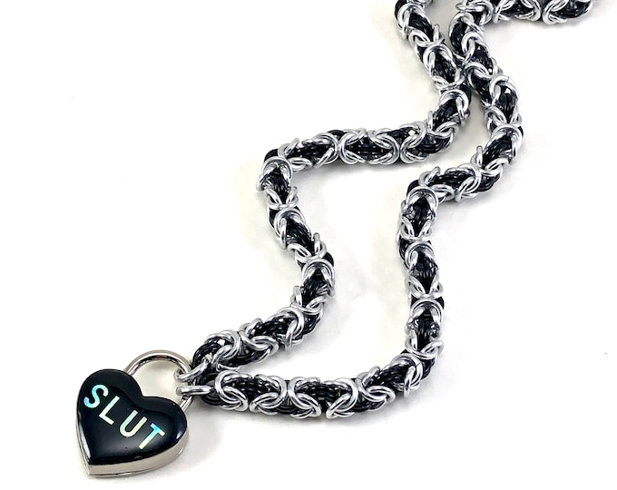 Submissive Day Collar Black and Silver SLUT Chainmail Padlock Necklace with Holographic Heart Lock