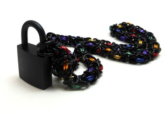 Unisex Submissive Day Collar Black and Rainbow Chainmail Choker with Padlock