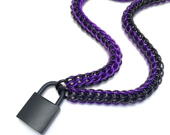 Unisex BDSM Submissive Collar Black and Purple Chainmail Black Padlock Necklace