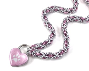 Submissive Day Collar Pink Lock Silver Paw Print Chainmail Puppy Kitten Padlock Necklace