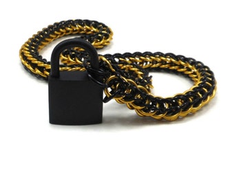 Unisex BDSM Submissive Collar Black and Gold Chainmail Padlock Necklace