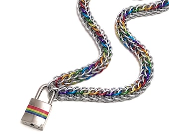Rainbow LGBTQ Pride Submissive Day Collar with Retro Stripe Padlock Choose Silver or Black