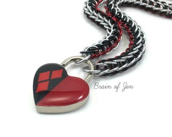 BDSM Slave Collar Harley Quinn Inspired Red and Black Heart Lock