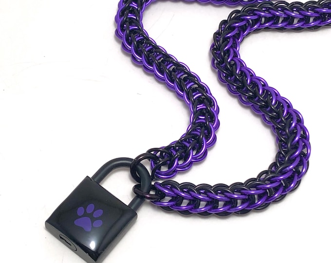 BDSM Submissive Day Collar Purple & Black Paw Print Padlock Necklace Pup Kitten Slave Collar