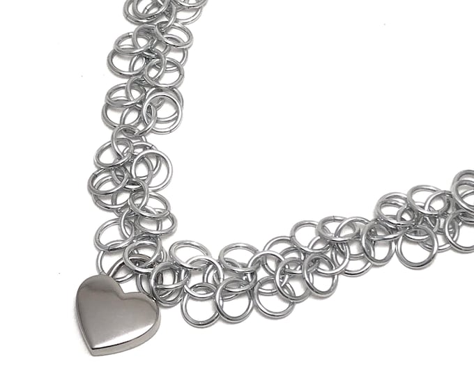 Silver Submissive Day Collar Heart Lock Chainmaille Choker Padlock Necklace