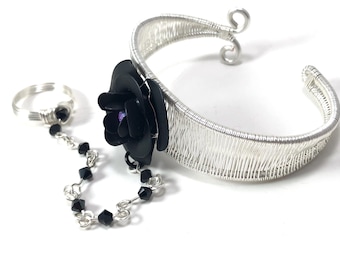Silver Cuff Bracelet and Ring Combo with Black Rose and Swarovski Crystal Chain