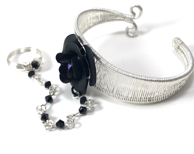 Silver Cuff Bracelet and Ring Combo with Black Rose and Swarovski Crystal Chain
