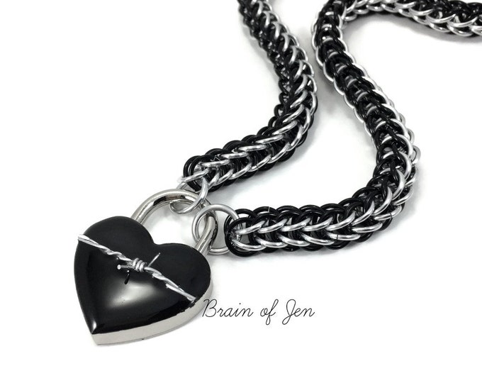 Womens BDSM Slave Collar Black & Silver with Heart and Barbed Wire Lock Submissive Collar