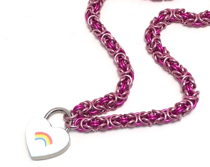 Care Bears Cheer Bear Inspired Pink Day Collar Chainmaille Choker Heart Lock Padlock Necklace