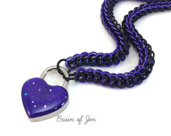 Submissive Day Collar Violet & Black with Sparkly Purple Heart Shaped Padlock