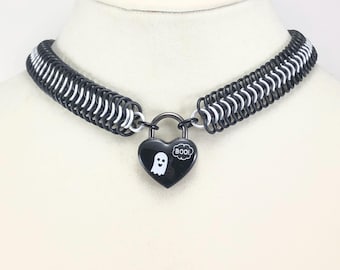 Spooky Ghost Black and White Chainmaille Day Collar Halloween Heart Padlock Necklace