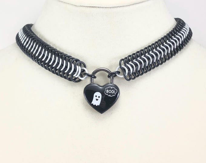 Spooky Ghost Black and White Chainmaille Day Collar Halloween Heart Padlock Necklace
