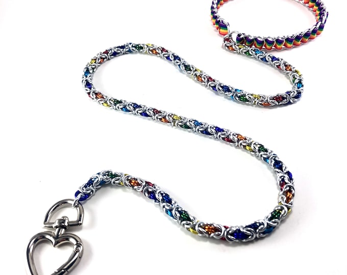 Silver and Rainbow Chainmaille Leash