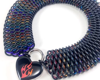 Dragonscale Submissive Day Collar Black and Rainbow Chainmail Choker Padlock Necklace