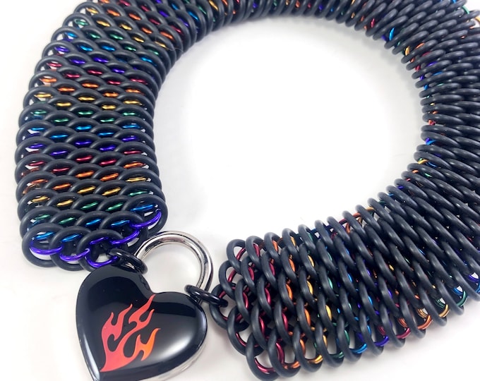 Dragonscale Submissive Day Collar Black and Rainbow Chainmail Choker Padlock Necklace