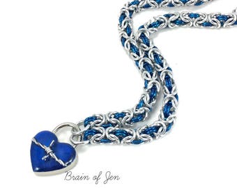 Cobalt Blue & Silver Chainmail Slave Collar with Barbed Wire Heart Lock Submissive Collar