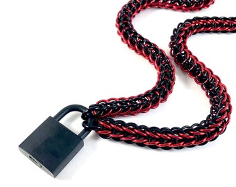BDSM Collar Padlock Necklace Black and Red Chainmaille with Working Black Lock