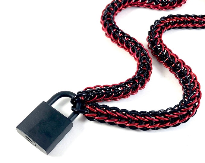 BDSM Collar Padlock Necklace Black and Red Chainmaille with Working Black Lock