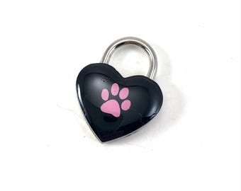 Heart Padlock with Pink Paw Print on Black