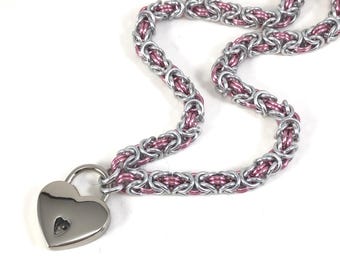 BDSM Slave Collar with Small Heart Padlock Silver and Pink Submissive Day Collar