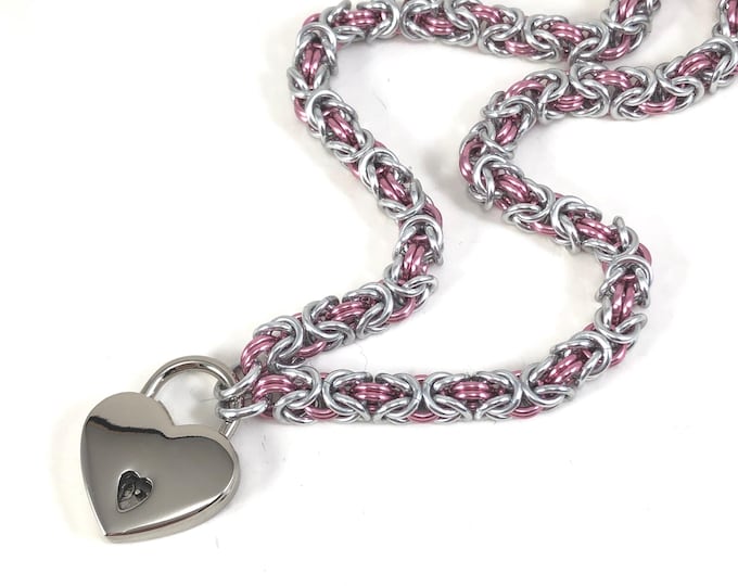 BDSM Slave Collar with Small Heart Padlock Silver and Pink Submissive Day Collar