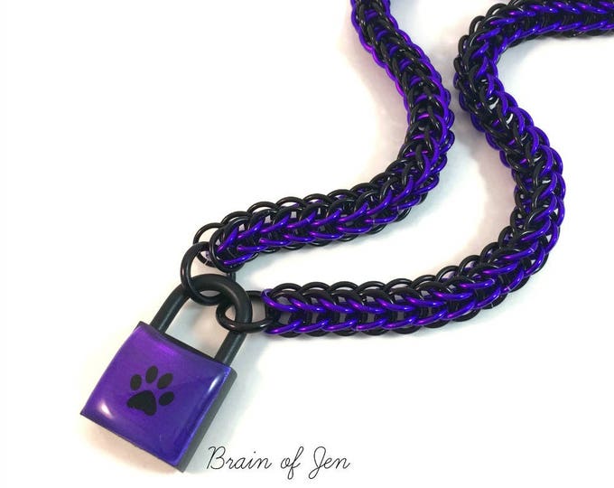 BDSM Submissive Day Collar Purple & Black Paw Print Padlock Necklace Pup Kitten Slave Collar