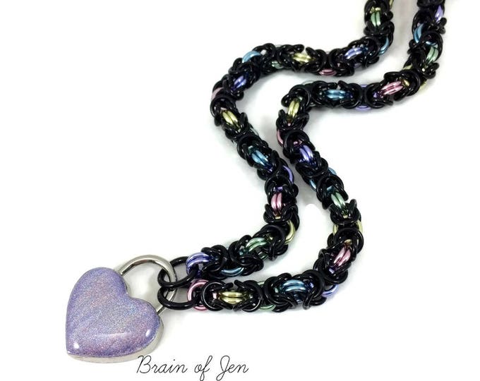 Black Pastel Rainbow BDSM Submissive Collar with Holographic Heart Lock