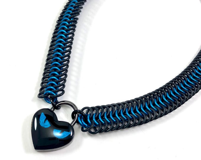 Cat’s Eyes Black and Turquoise Chainmaille Day Collar Heart Padlock Choker Necklace
