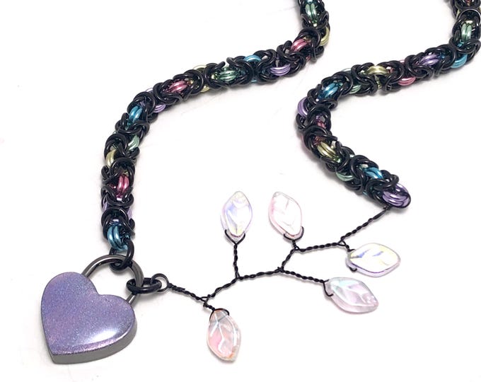 Black Pastel Rainbow Asymmetric Submissive Day Collar with Your Choice of Holographic Heart Lock