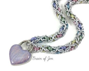 Pastel Rainbow BDSM Submissive Day Collar with Holographic Heart Lock