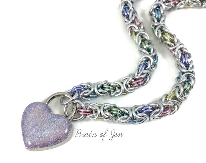 Submissive Day Collar Pastel Rainbow Padlock Necklace with Holographic Heart Lock